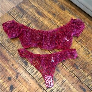 Off-Shoulder Floral Lace Bralette and Thong Set in Deep Raspberry